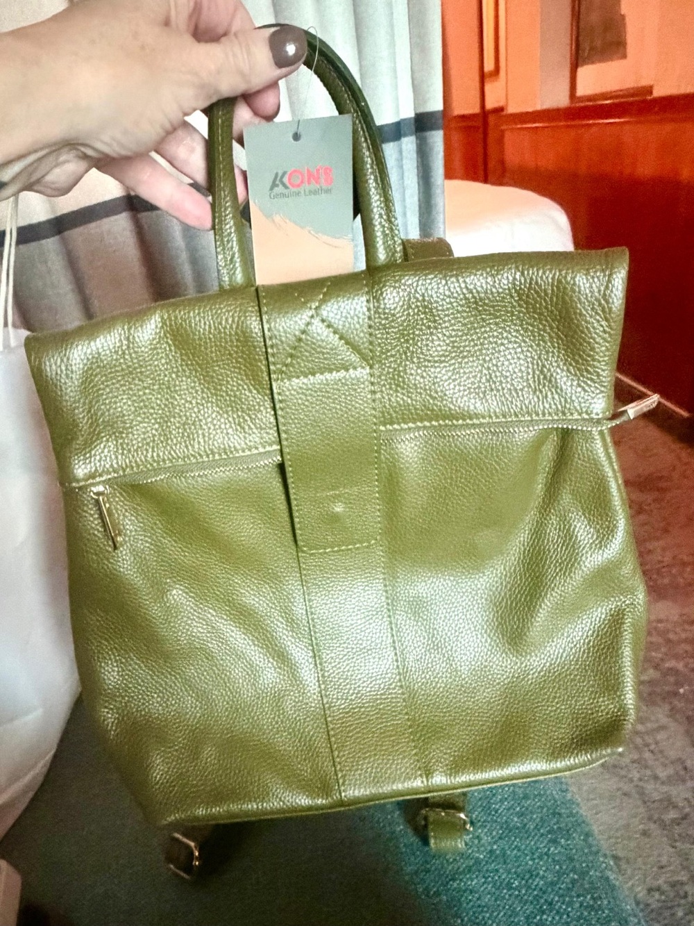 Olive Green Pebbled Leather Backpack Tote
